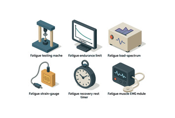 isometric icon items isolated on white background fatigue stress cycle tester rig fatigue endurance limit chart fatigue load spectrum generator fatigue strain gauge sensor fatigue recovery