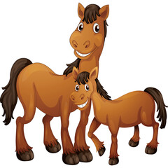 Two Brown Horses Standing Together on Transparent Background with Happy Expressions