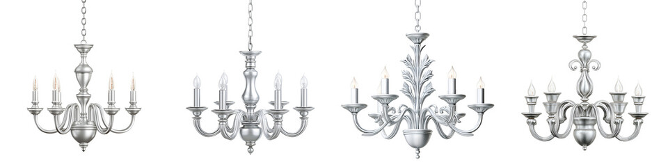 Collection of silver chandeliers isolated on white