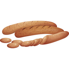 Two Brown Sausage Links One Whole and One Sliced with Sausage Slices on a Transparent Background