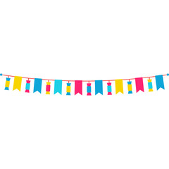 Festive Colorful Bunting Flags Garland With Red String And Blue Yellow Pink Colors On Transparent Background Perfect For Celebrations And Parties
