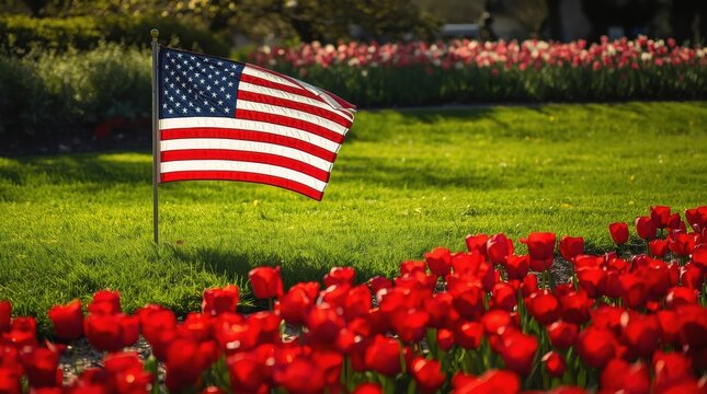 American flag waving proudly over a field of red tulips