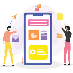 Two Businessmen Collaborating on a Mobile App Development Project with Data Visualizations and Files in a Studio Setting with Purple Background and Orange Accents