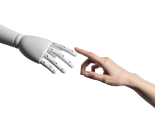 Low-angle Studio Photo of Robotic and Human Hands Interacting