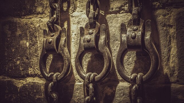 Rusty metal chains and shackles, with aged texture, on a stone wall in a dimly lit background, close-up view, copy space.
