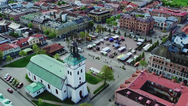 Market at Varberg Square, Sweden. Aerial view at day time