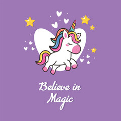 Cute Flying Unicorn with Heart and Stars on Purple Background 