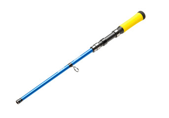 Isolated fishing rod in full view, blue with yellow grip, fishing sports equipment item