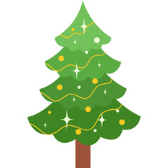 Festive Green Christmas Tree Decorated With Yellow Ornaments And Twinkling Lights On Transparent Background Ideal For Holiday Celebrations