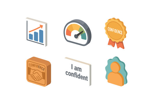 isometric icon items isolated on white background confidence interval chart confidence meter dial confidence booster badge confidence handshake stamp confidence mantra card confidence aura