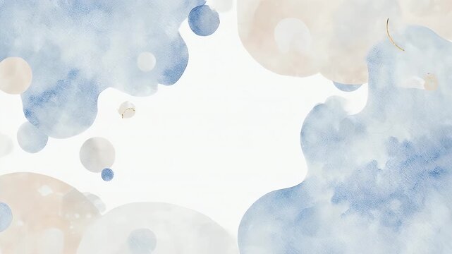 Abstract watercolor image featuring organic shapes in blue, beige, and white, with gold accents and circular elements