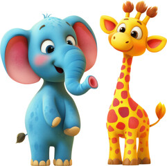 Elephant and giraffe cartoon characters isolated on transparent background