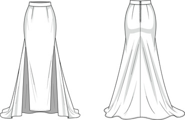 Long skirt, fashion flat, technical illustration, front and back view, high slit design, garment construction, apparel sketch, elegant outfit, modern style, womenswear