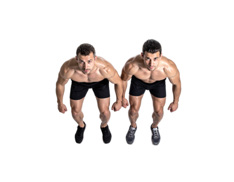 Overhead Studio Photo of Two Muscular Male Bodybuilders Posing