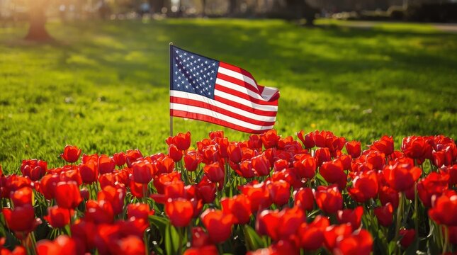 Celebrate freedom with red tulips and American flag waving gently in sunny spring garden for Memorial Day or Fourth of July