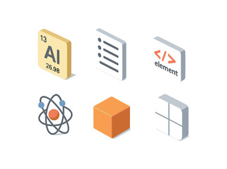 isometric icon items isolated on white background element periodic table tile element list item element HTML tag element atomic model element core unit element widget