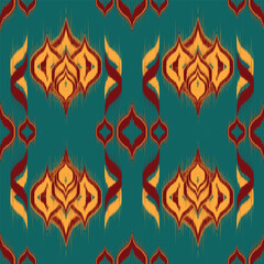 Teal Burgundy Ikat Pattern, Ethnic Fabric Texture Traditional Abstract Ogee Design Seamless Repeat