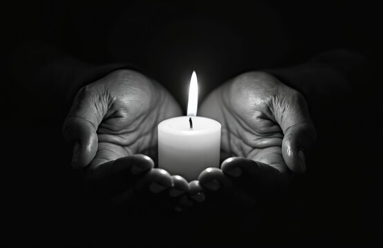Black and white photo shows hands holding a lit candle. Candle flame glows brightly in the dark. Concept symbolizes loss grief faith remembrance support and hope. - Powered by Adobe