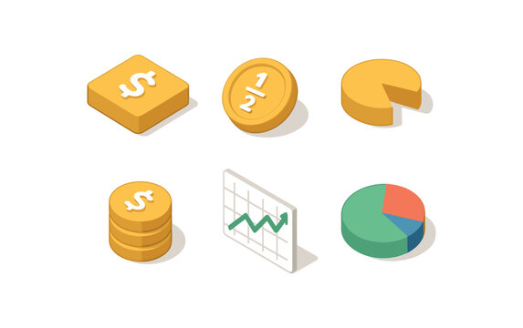 isometric icon items isolated on white background share equity unit share fraction token share pie segment share lot size share market index share allocation chart