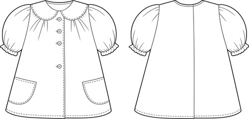 Technical flat sketch of girls dress with Peter Pan collar, puff sleeves, patch pockets, button placket, fashion apparel template, clothing vector illustration