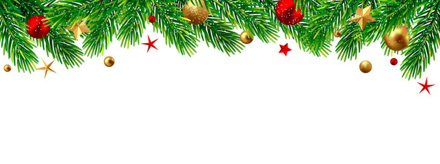 Border with green fir branches, stars, balls isolated on transparent background.	