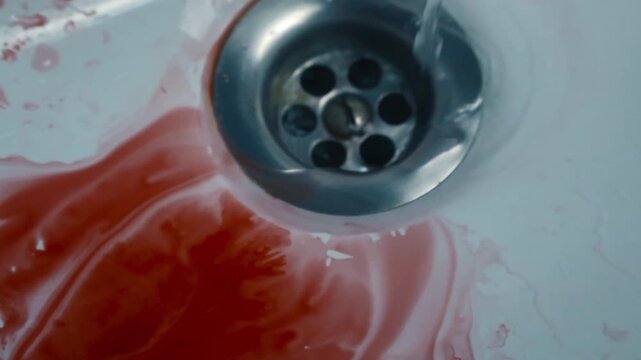 Top down glides slowly over sink covered in fresh blood while water swirling, flows steadily down the drain in close up. Dripped pool of blood traces on white surface caused by crime, bloody accident