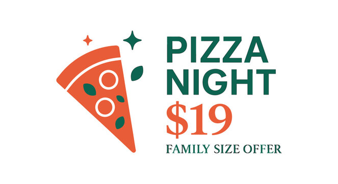 Flat vector banner design text Pizza Night $19 subtext Family Size Offer typography Raleway + Cormorant Garamond icons of pizza slice and sparkles red and green palette isolated on white