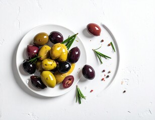 Overhead View of Assorted Olives on White Plate