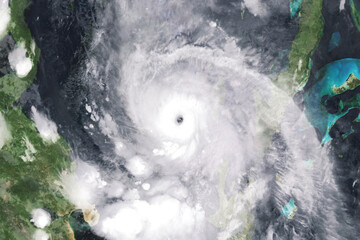 Hurricane Melissa 2025. Powerful hurricane seen from space with a clearly defined eye, showcasing...