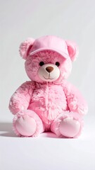 Pink Plush Teddy Bear Wearing a Cap Against White Background