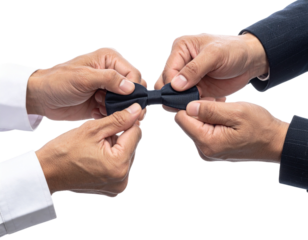 Studio Photo of Two People Shaking Hands with a Respectful Bow