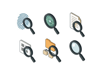 isometric icon items isolated on white background search fingerprint dust search sonar ping module search data index search pattern matcher search directory tree search magnifying lens