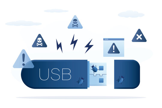 USB flash with viruses and trojans. Malware are secretly hidden in usb drive make problem to computer and data file. Hacker virus attack, data stealing, ransomware.