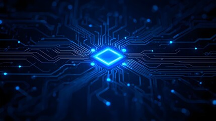 Futuristic Blue Circuit Board with Glowing Octagonal Chip — Abstract Technology Innovation Background