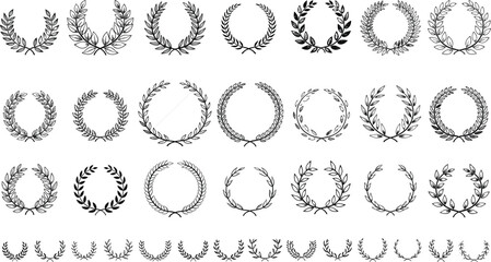 Laurel wreath collection, victory symbols, award elements, black and white vector, achievement icons, honor design, classic emblem, graphic set