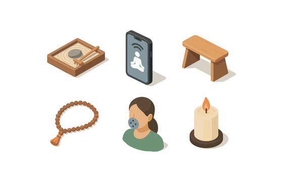 isometric icon items isolated on white background meditation zen garden tray meditation guided audio app meditation posture stool meditation mala necklace meditation breathing coach