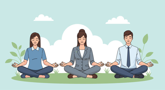 Professionals find inner peace meditating outdoors, embracing tranquility amidst busy work lives for ultimate balance and focus