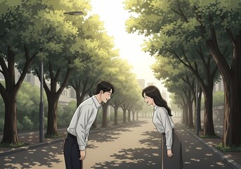 A Korean man and woman dressed as office workers bow politely on a tree-lined street, showing respect and courtesy in a calm, professional atmosphere.