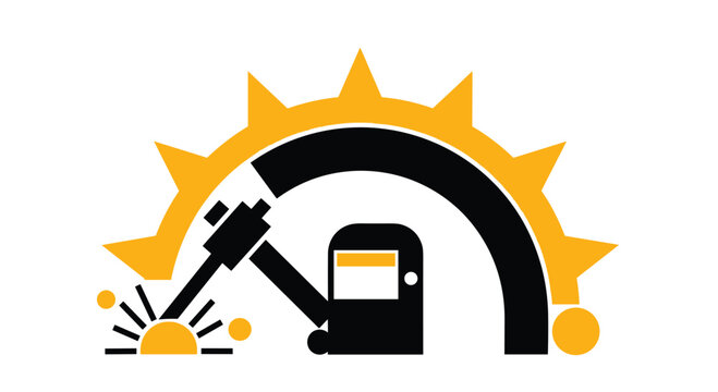 Skilled welder in protective gear creating sparks with a torch, symbolizing industrial innovation and craftsmanship within a gear motif