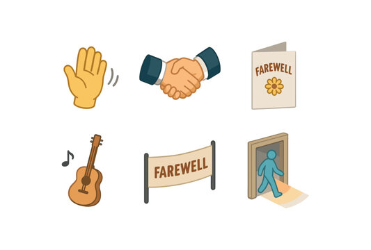 isometric icon items isolated on white background farewell wave gesture farewell handshake motif farewell goodbye card farewell parting song farewell send off banner farewell exit beam