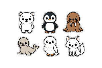 cute arctic animals set with bold black outline and dotted border including polar bear walrus seal snowy owl and arctic fox simple details big round eyes minimal style isolated on white
