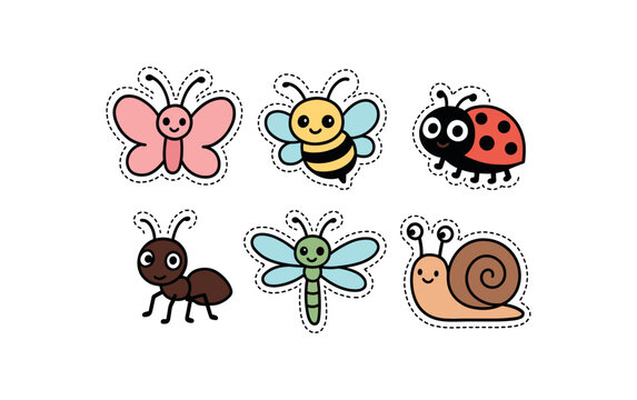 cute insect set with bold black outline and dotted border including butterfly bee ladybug dragonfly and snail simple details big round eyes minimal style isolated on white background