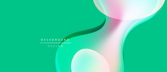 Abstract fluid shapes overlap, creating vibrant teal, pink gradients. Modern design evokes movement, energy, smooth transitions. Background features text elements.
