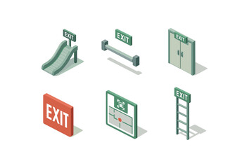 isometric icon items isolated on white background exit emergency slide exit panic bar exit vestibule door exit wayfinding decal exit muster point map exit escape ladder