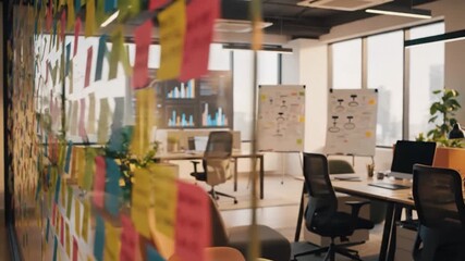 Creative Office Space with Colorful Sticky Notes and Modern Workstations. - Powered by Adobe