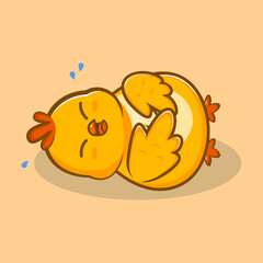 Funny yellow chick laughing while lying on the ground, perfect for humor, mascot, or children’s cartoon illustration.