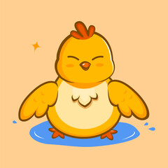 Cheerful yellow chick splashing water with joy, perfect for summer, kids, or playful cartoon illustration.