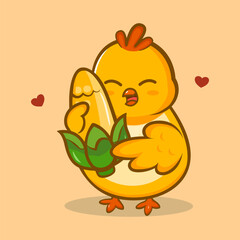 Cute chick hugging a corn cob with love and happy expression, perfect for agriculture, cartoon, or mascot illustration.