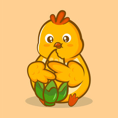 Cute chick holding a corn cob with a happy expression, ideal for farm, agriculture, or food cartoon illustration.