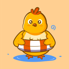 Funny yellow chick wearing a swimming float ring, perfect for summer, kids, or cartoon illustration concept.
